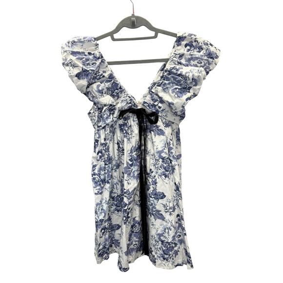 O.P.T Blue Floral Ruffle Mini Dress Cotton Lined Deep V Bow Detail Size XS - Picture 2 of 10